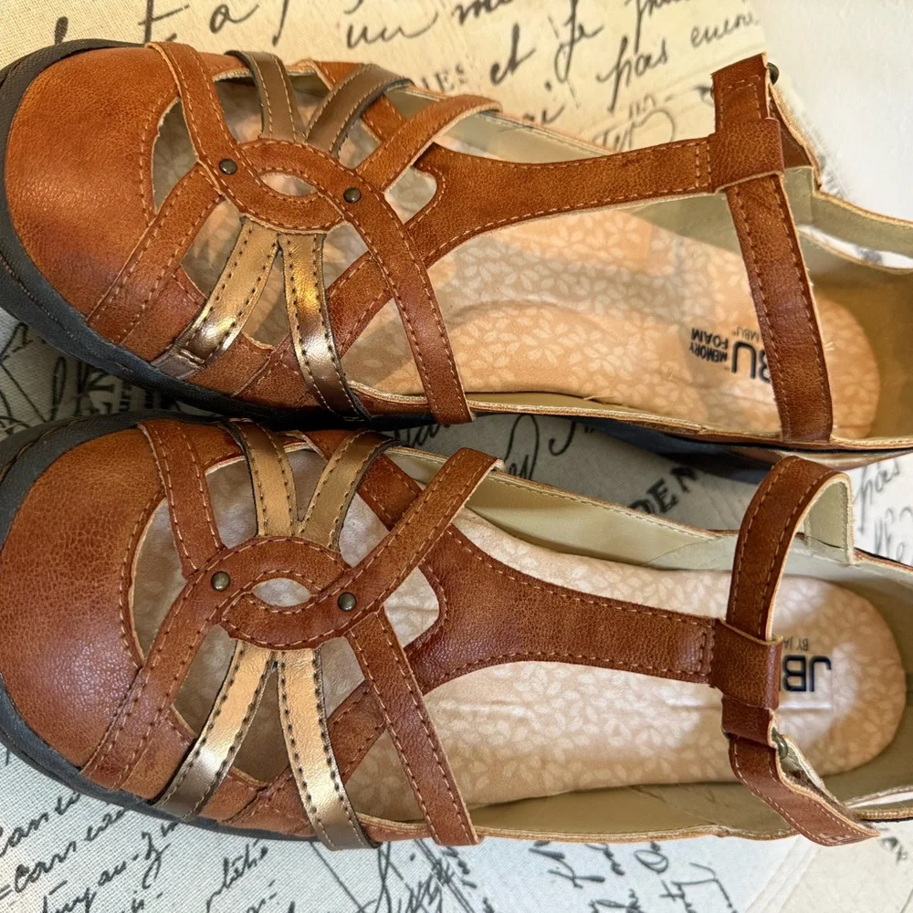 Jambu "DOVE" Brown and Gold Accent Close Toe T-Strap Design Sandals - Picture 8 of 11